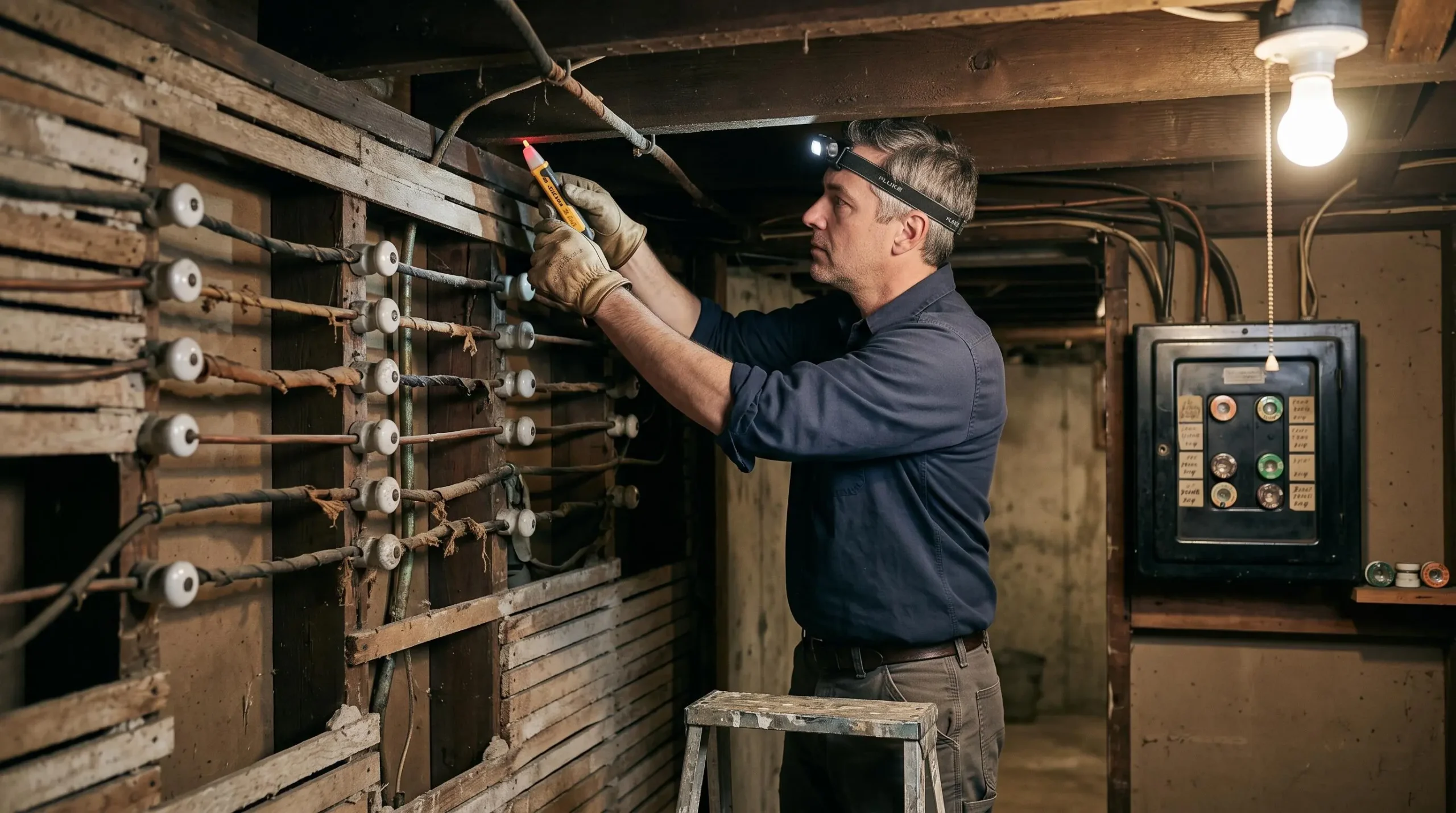 Licensed electrician inspecting obsolete knob-and-tube wiring system in exposed wall cavity of old Canadian heritage house