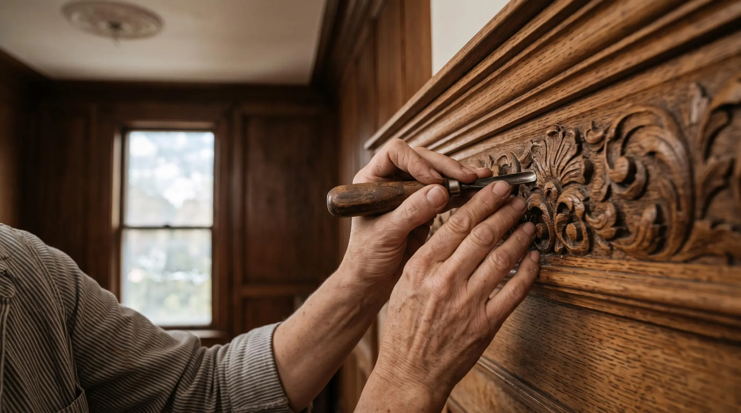 Heritage craftsperson's hands using traditional hand tools to restore ornate wooden crown molding in period Canadian home interior