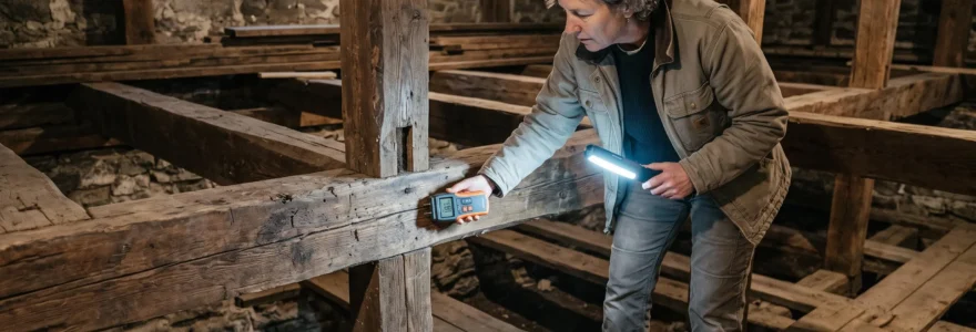 Heritage restoration specialist inspecting aged wooden structural beams in basement of old Canadian home using moisture meter and flashlight