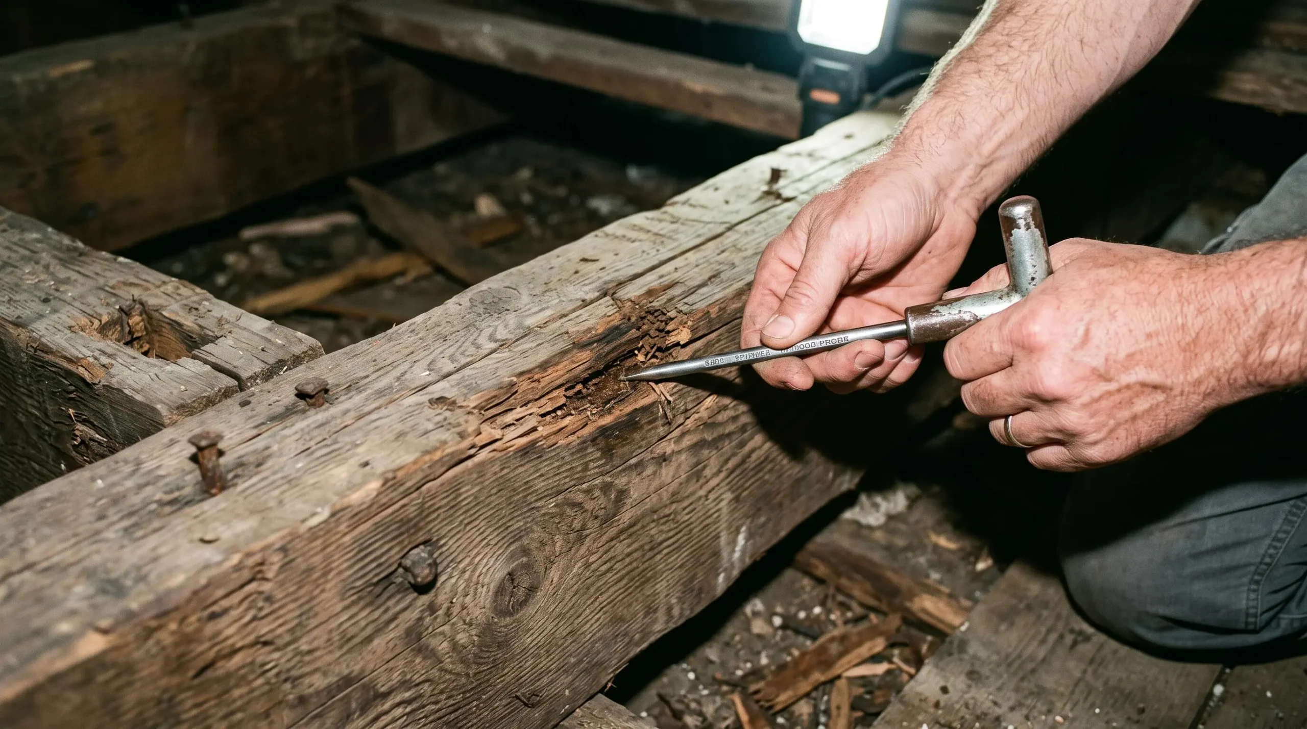 Structural engineer's hands using probe tool to test deteriorating wooden floor joist showing rot damage in heritage home